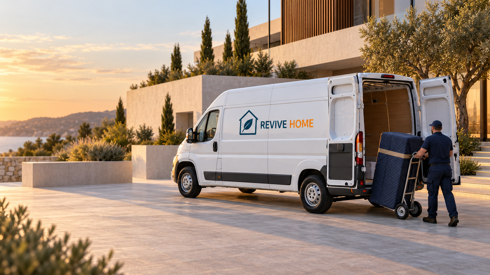 Furgoneta de Revive Home Solutions con un operario cargando muebles protegidos frente a una vivienda